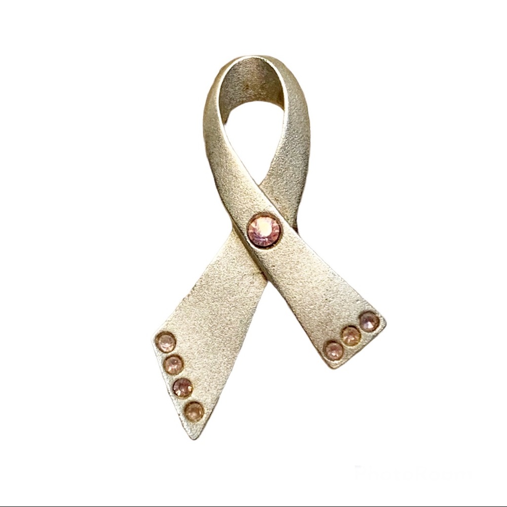 Breast cancer awareness ribbon pin brooch pink rhinestone on silver tone